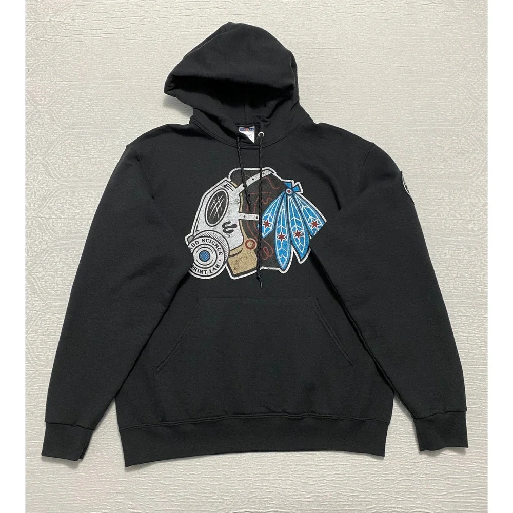Madd Science Print Lab Graphic Hoodie Black Gas Mask Feather Logo Jerzees Mens M - Picture 1 of 9